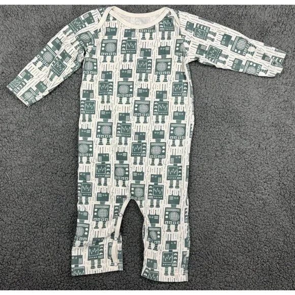 Winter Water Factory One Piece Long Outfit Romper 18m 18 Green Robot USA Organic - Picture 1 of 6